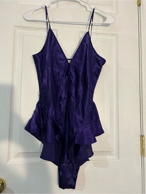 Vintage Victoria's Secret (Gold Label) Deep Purple Satin Ruffle Teddy- Medium